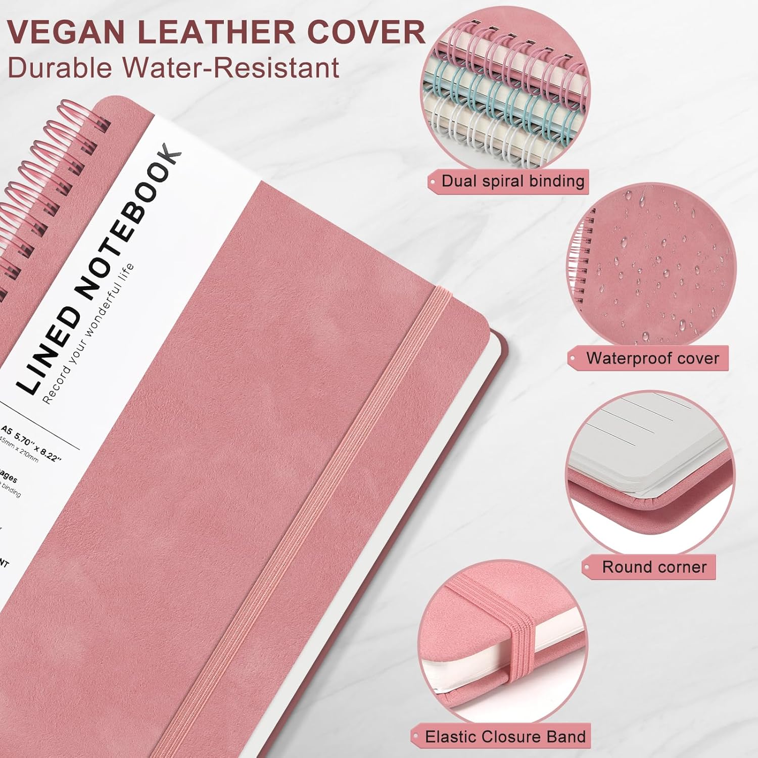 Light Red Lined Spiral Journal Notebook with 160 Pages, 8×5.7in, A5 Spiral Notebook, Journaling Notebooks for Work, School, Women, Men, College Ruled Spiral Notebook, Hardcover Leather Journals