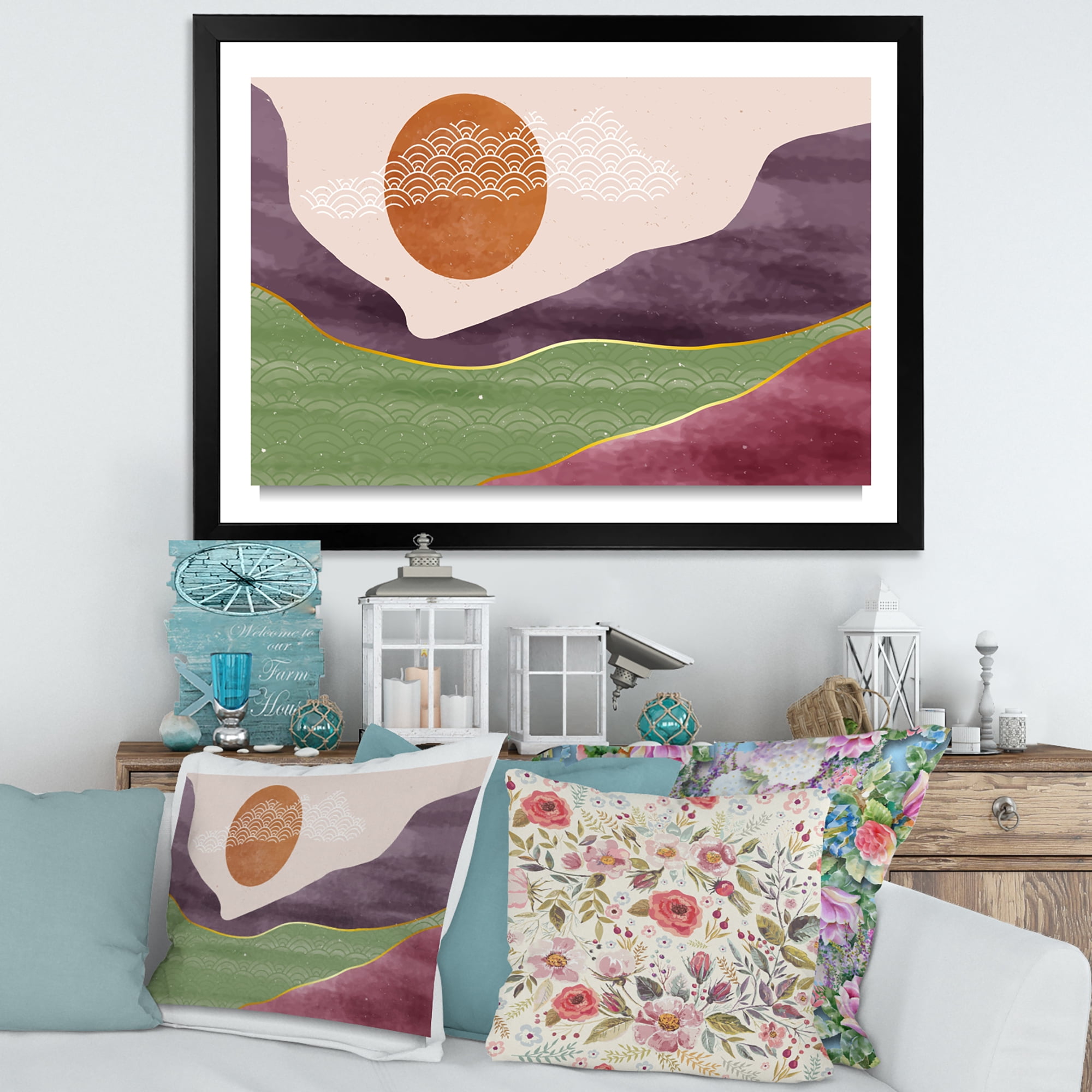 Designart 'Abstract Landscapes With Mountain River and Moon' Modern Framed Art Print
