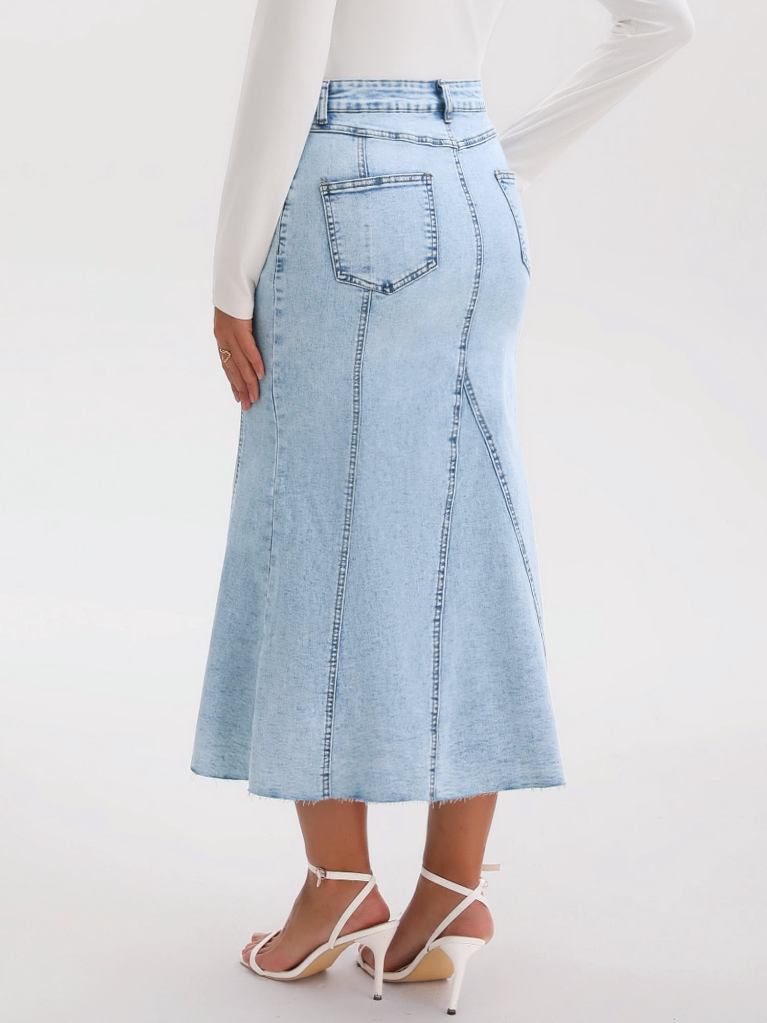 DARING DIVA Women's Fishtail Jean Stretchy Midi Denim Skirts Large Light Blue