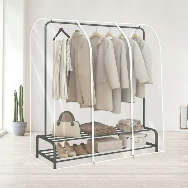 Garment Rack Cover Clear Clothing Rack Cover with Zipper, made of durable waterproof PEVA material, shown in a large size covering a black metal garment rack. The clear design provides visibility of neatly organized coats, dresses, and accessories. The cover features a zippered front for easy access and protects clothes from dust and weather. Suitable for home, commercial, and travel use.