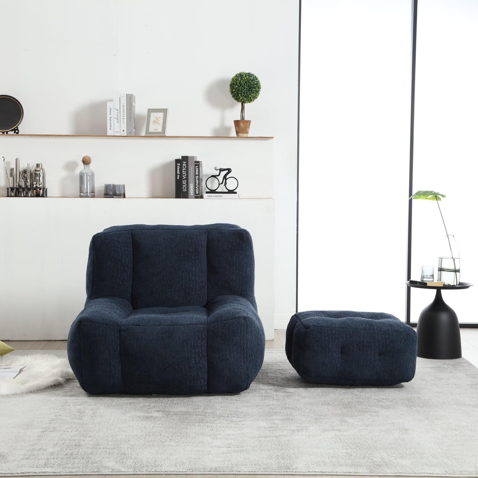 Accent Chair with Ottoman Set,Modern Velvet Bean Bag Chair for Adults and Childs,Upholstered Lazy Sofa Chair Armchair for Living room, Bedroom, Apartment,Blue
