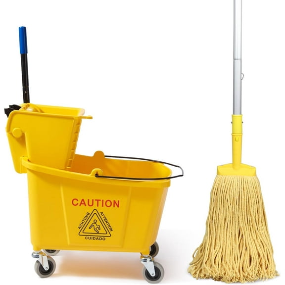35 Quarts Commercial Mop Bucket with Side-Press Wringer for Floor Cleaning, Yellow, Including One Commercial Mop