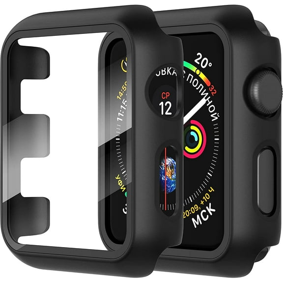 PINHEN 2 Pack Hard PC Case with Tempered Glass Screen Protector Compatible with Apple Watch Series 3 Series 2 42mm, Ultra-Thin Scratch Resistant Overall Protective Cover for iWatch S3/S2, Black