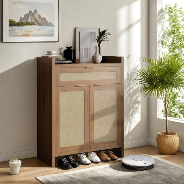 32’’ Rattan Shoe Cabinet with Storage, Boho Style Shoe Organizer Storage Cabinets with Shelves & Doors,5-Tiers Wooden Shoe Rack for Entryway/Farmhouse/Living Room/Closet/Hallway