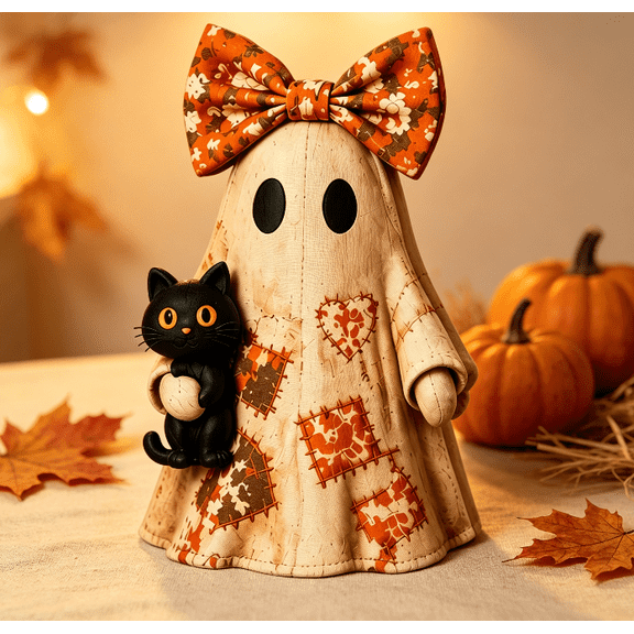 Vintage Distressed Ghost Desktop Ornament Patchwork Quilt Ghost Figure with Floral Print Bow and Black Cat Motif Retro Fall Halloween Decor for Table Mantel (F)