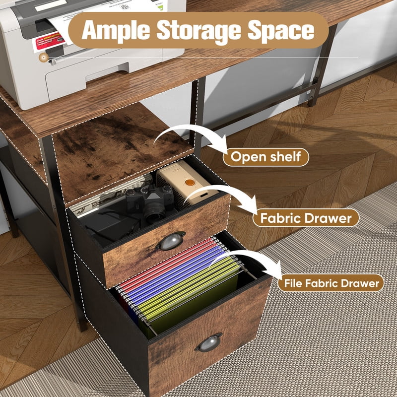 Homall 65.4" L-Shaped Desk with Power Outlets & USB, Corner Desk with 2 Drawers and 2 Monitor Stand, Brown