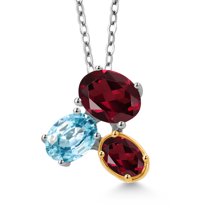 Gem Stone King 925 Silver and 10K Yellow Gold Red Rhodolite Garnet and Blue Zircon Pendant Necklace for Women (3.10 Cttw, Oval 8X6MM, 7X5MM and 6X4MM, Gemstone January Birthstone, with 18 inch Chain)