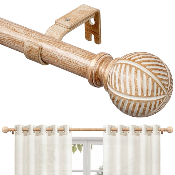 1" Diameter Heavy Duty Adjustable Wood Curtain Rod 32-120 Inch, Rust-Proof Indoor & Outdoor Pole with Imitation Wood Grain Leaf Finials, Sturdy Modern Decorative Rod, Brown