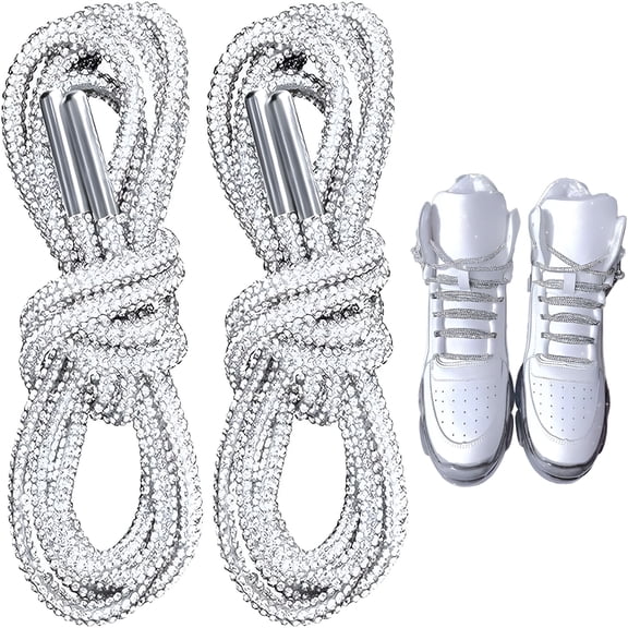 TUWAFE 2 Pcs Bling Crystal Shoe Laces | Glitter Rhinestone Round Shoelaces for Women and Men | Sparkle Shiny Sneaker Laces Replacement (47 InchSilver)