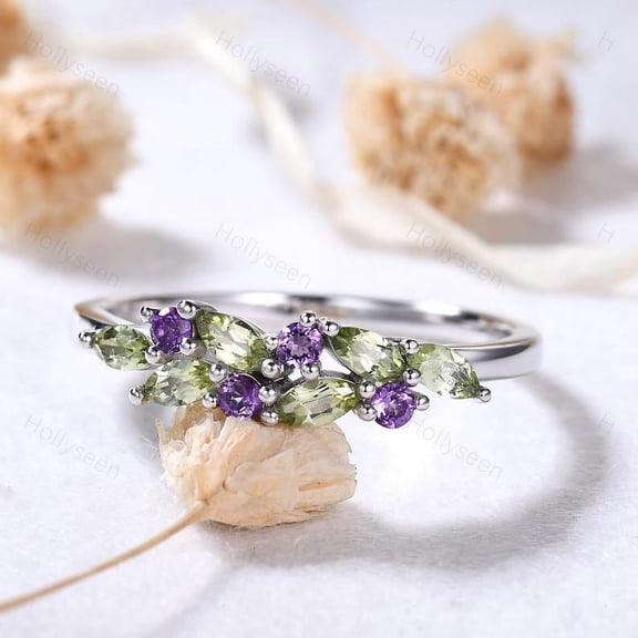Peridot Amethyst Gold Ring Green Purple Gemstone Cluster Wedding Ring Dainty Birthstone Ring Anniversary Gift Women