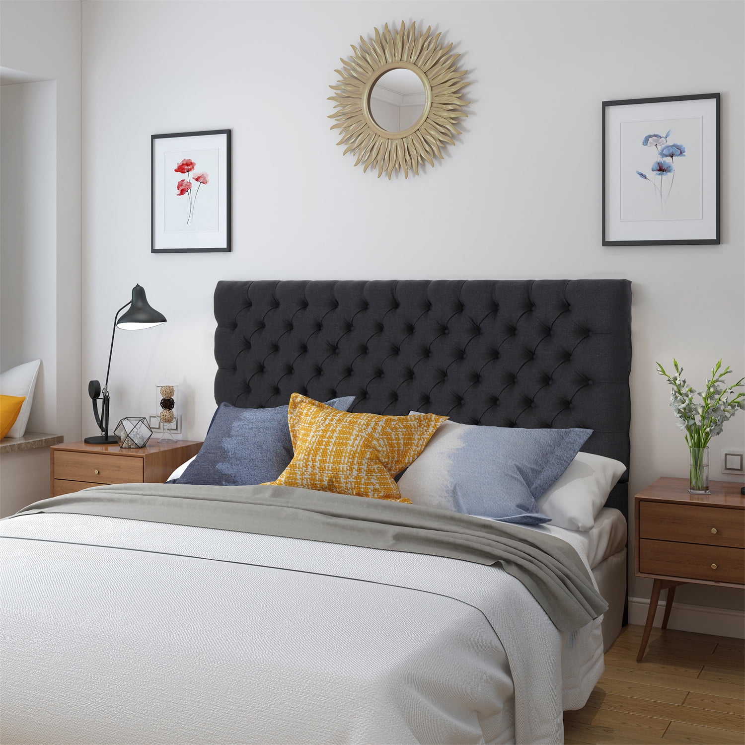 Kepooman Headboards in Modern Button Design, Premium Linen Fabric Upholstered Tufted Bed Headboard, Black Kepooman Headboards in Modern Button Design, Premium Linen Fabric Upholstered Tufted Bed Headboard, Black