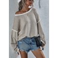 thumbnail image 3 of Contrast Stitching Relaxed Knit Sweater Fringe Vertical Back Taupe Top for Women Khaki Medium, 3 of 5