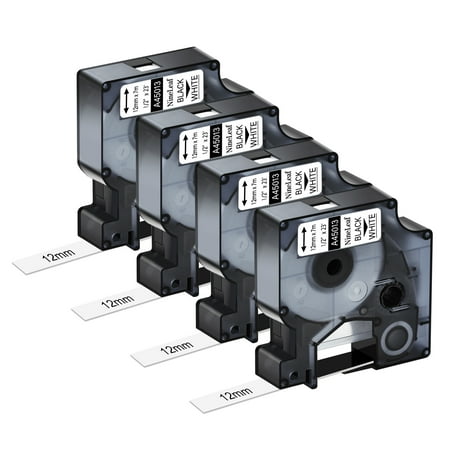 NineLeaf 4PK Compatible for DYMO D1 45013 45113 S0720530 1/2" x 23' (12mm x 7m) Black on White Label Maker Tape for Label Manager 100 120P 160 210D