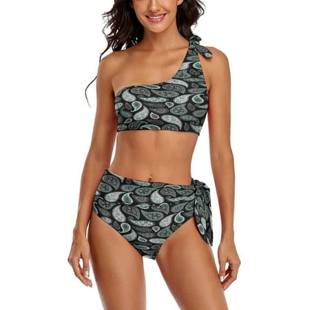 Grey Black Bandana Paislry Pattern One Shoulder Bowknot Swimsuit Two Piece Swimsuit Knot Crop Top Bikini High Waisted Bathing Suit