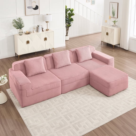 FFZ 3-Seat Modular L-Shaped Cloud Sectional Sofa with Movable Ottoman, Pink