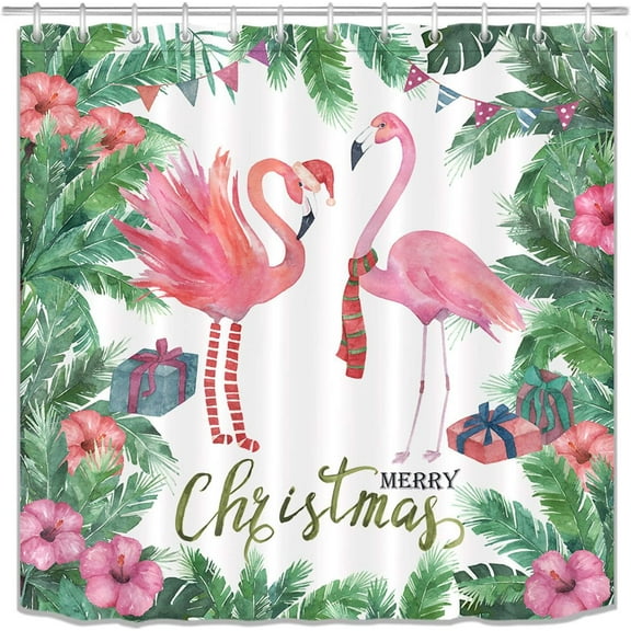 Watercolor Christmas Flamingo Shower Curtain Set Green Tropical Plant Palm Leaves Bathroom Curtain Decor,Bath Curtain Hooks Include,72x72 inch Waterproof Fabric