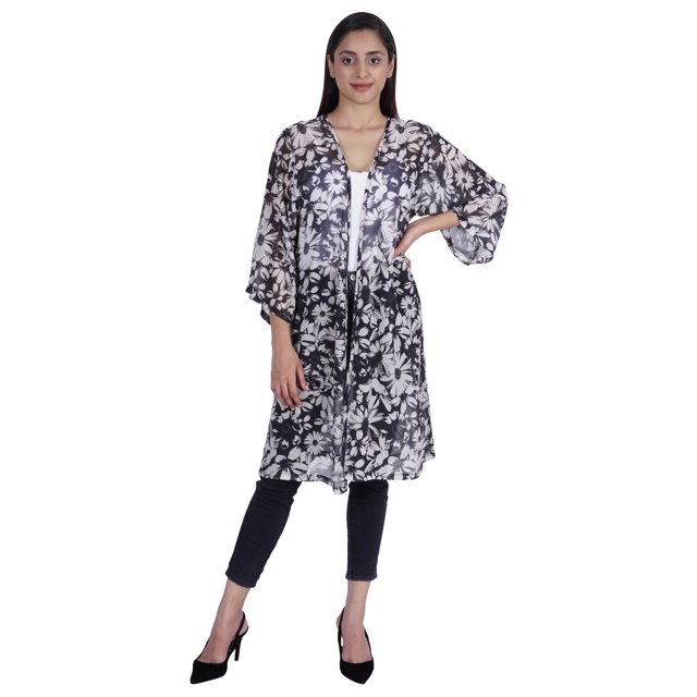 Moomaya Long Boléro Transparent Imprimé Ouvert Couverture de Plage Cardigan d'Été