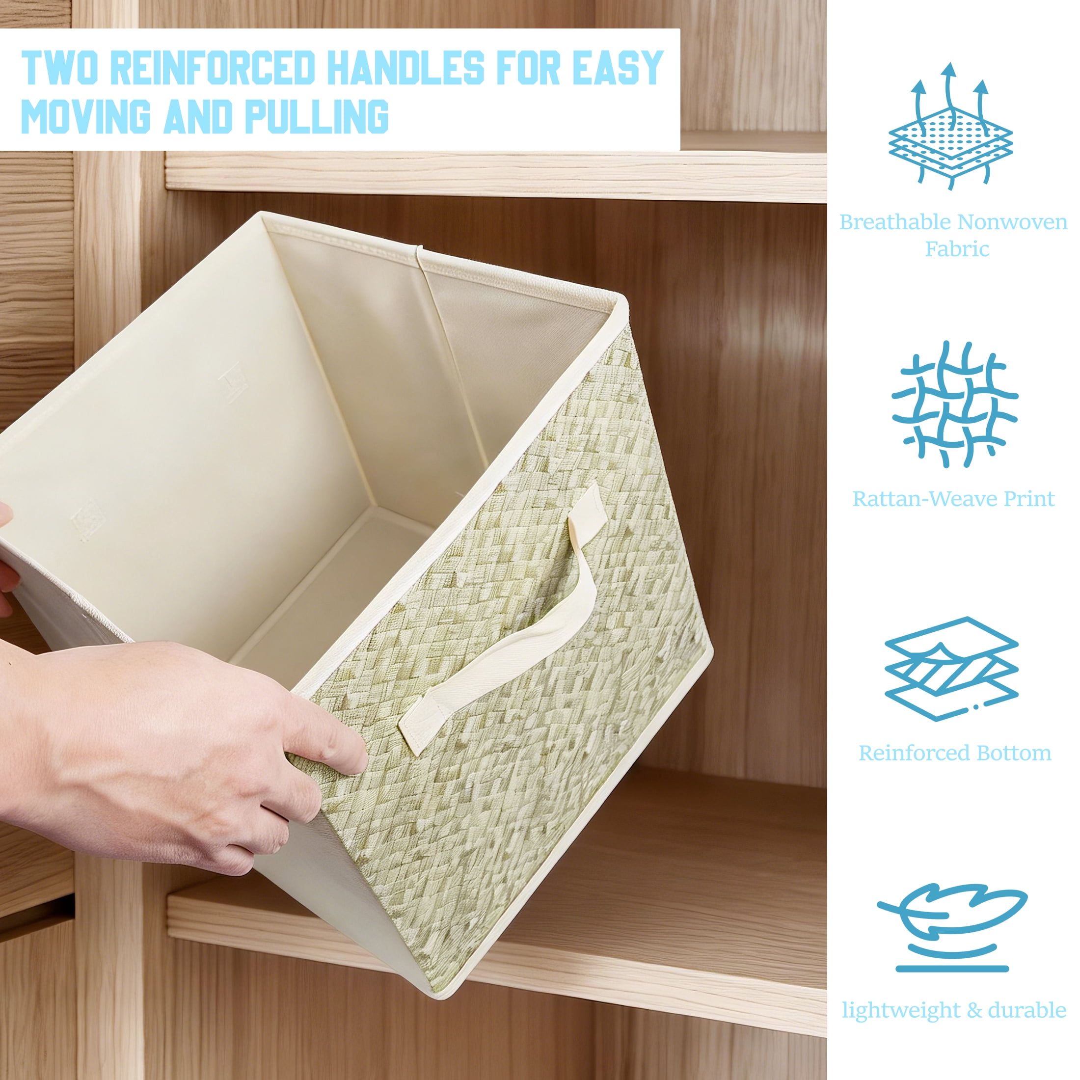 6 Pack Foldable Fabric Storage Cubes 11 inch, Rattan Printed Organizer Boxes with Handles, Collapsible Storage Baskets for Organizing Closet Bins