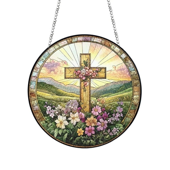 EUDIDV Easter Decor Easter Figurines Flower Suncatcher Faux Stained Glass Window Hanging Christ Wall Art Religious Bible Verse Gift Easter Party Supplies