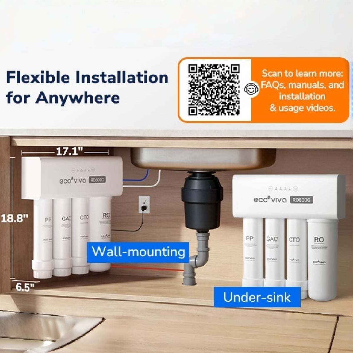 Ecoviva 800GPD Alkaline Tankless RO System, 9-Stage Reverse Osmosis 3:1 Filtration