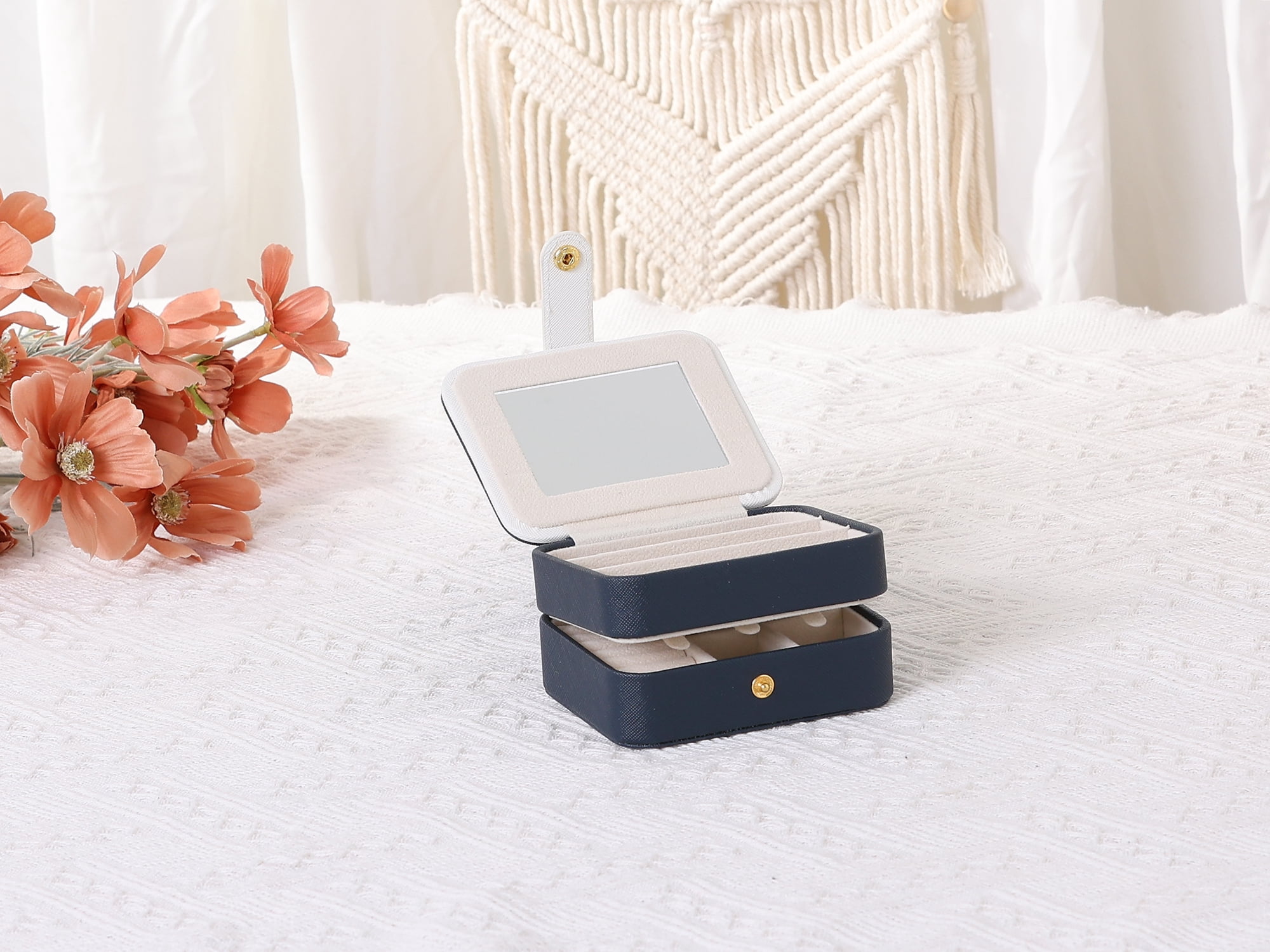 Unique Bargains 2 Layer Jewelry Box with Mirror PU Leather Jewelry Organizer Case Blue