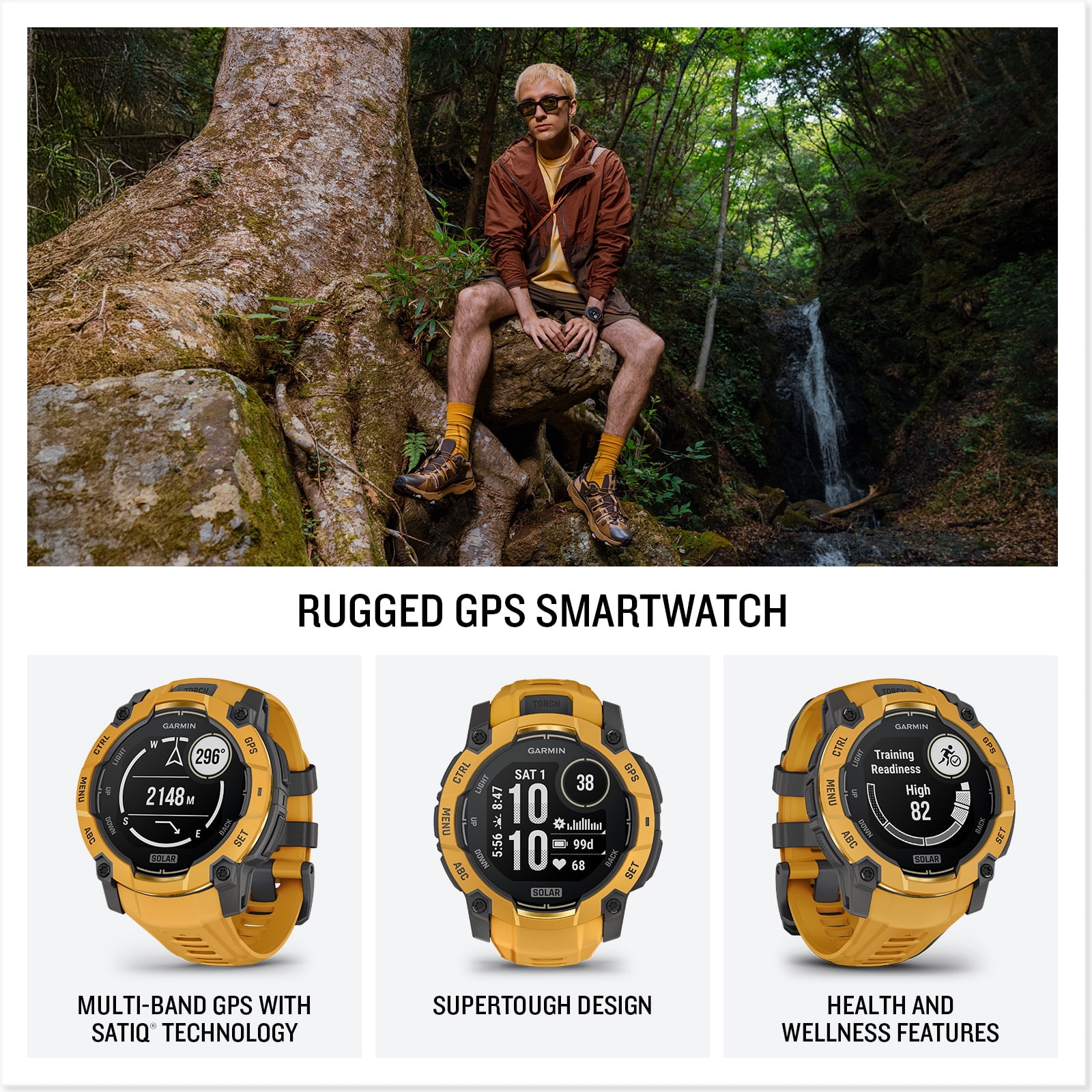 Garmin Instinct 3 - 45 mm, Solar, Rugged Outdoor GPS Smartwatch, Built-in Flashlight, Alpine Rush Collection Limited Edition Color, Sunburst Bundle With Cleaning Cloth + Wireless EarBuds + More