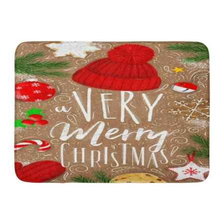 GODPOK Calligraphic Bell Christmas Lettering Very Merry Drawing in Vintage Style on Craft Biscuit Calligraphy Rug Doormat Bath Mat 23.6x15.7