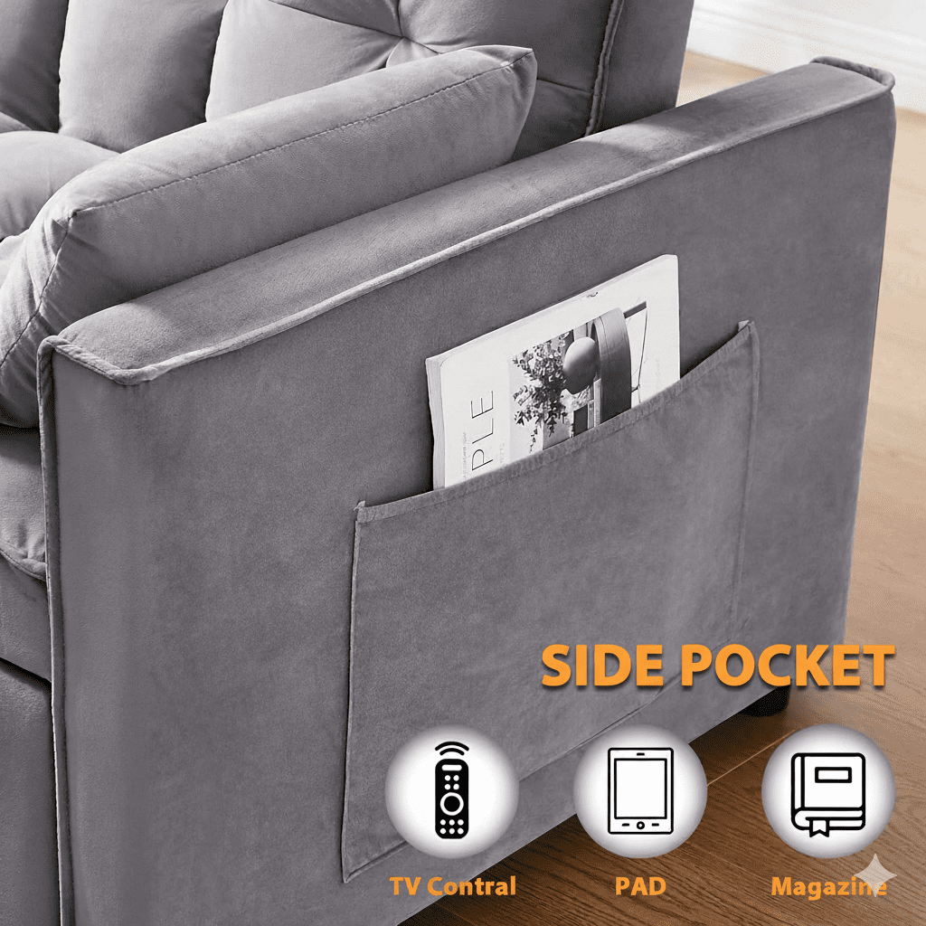 3 in 1 Sleeper Sofa Bed, 55" Convertible Pull Out Couch with Adjustable Backrest, Velvet Loveseat Sofa with Side Pockets for Living Room, Bedroom, Apartment, and Small Space (Dark Gray)