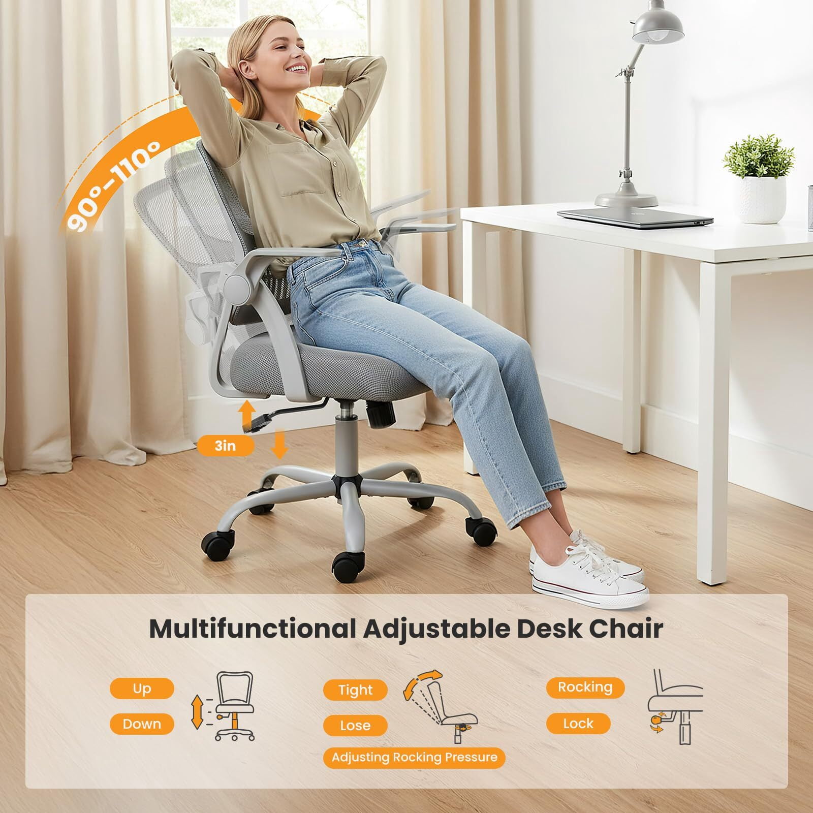 Kelno Ergonomic Mesh Office Chair Mid Back Desk Chair with Lumbar Support Flip-up Armrests Adjustable Height Swivel Task Chair, Gray