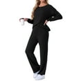 thumbnail image 4 of INSPIRAR CHIC Conjuntos de Pijamas de Punto Acanalado para Mujeres de 2 Piezas, Parte Superior de Manga Larga y Pantalones, Ropa de Dormir, PJs, Conjuntos de Ropa de Casa, S Negro, 4 of 5