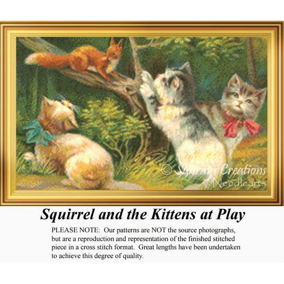 Squirrel and the Kittens at Play, Vintage Counted Cross Stitch Pattern (Pattern Only, You Provide the Floss and Fabric)