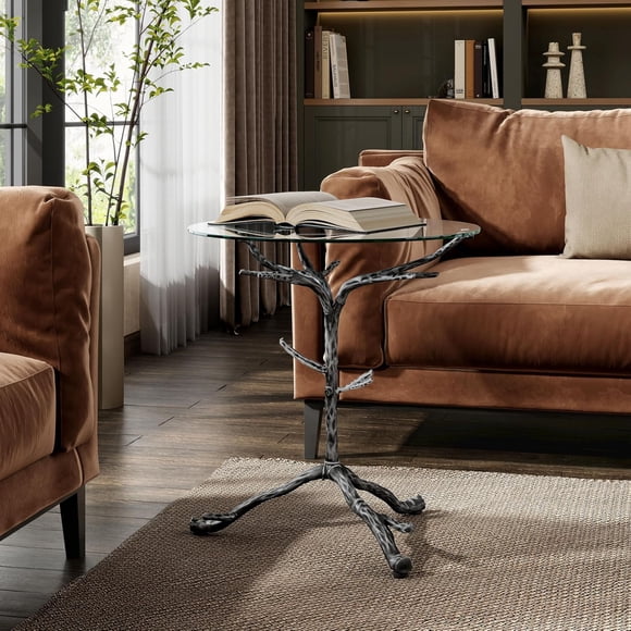 Lalia Modern Round End Table with Nature-Inspired Branch Base, Tempered Glass Top, Hammered Steel Frame for Living Room, Matte Grey