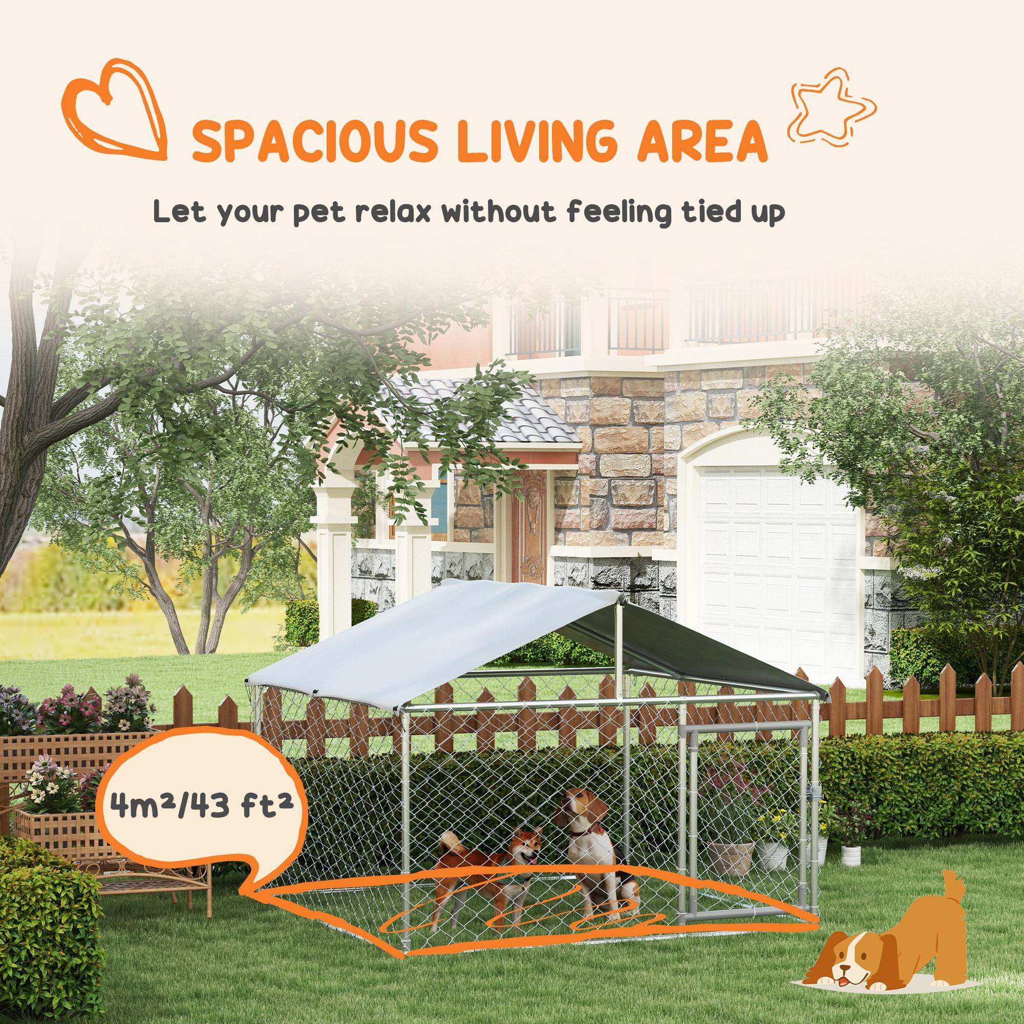 Large Outdoor Dog Kennel, Heavy Duty Galvanized Chain Link Dog Run with Waterproof Cover & Secure Lock