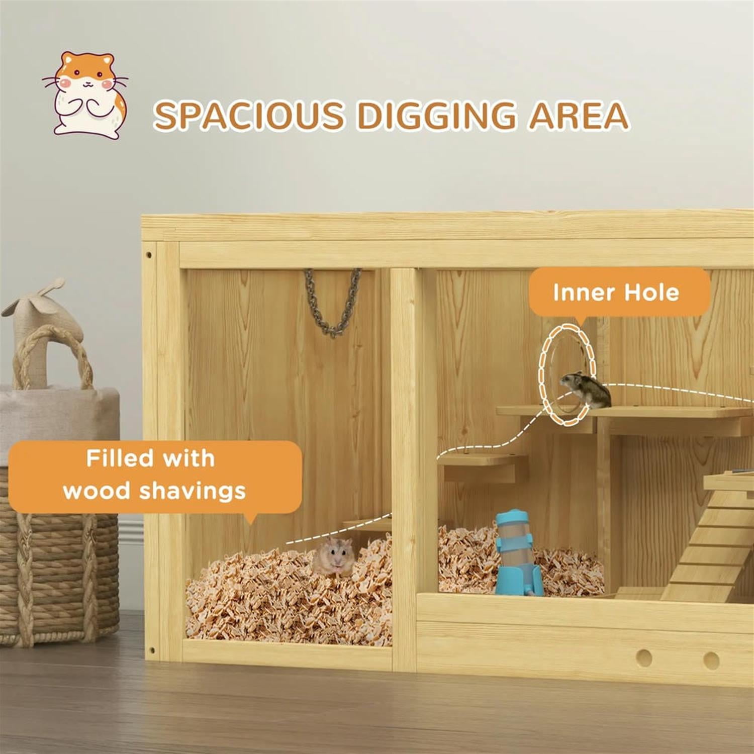 Kadyn 39" Wooden Hamster Cage with Pull-out Tray, Seesaws, Ladder, Large Small Animal Habitats for Guinea Pig Cages, Beige