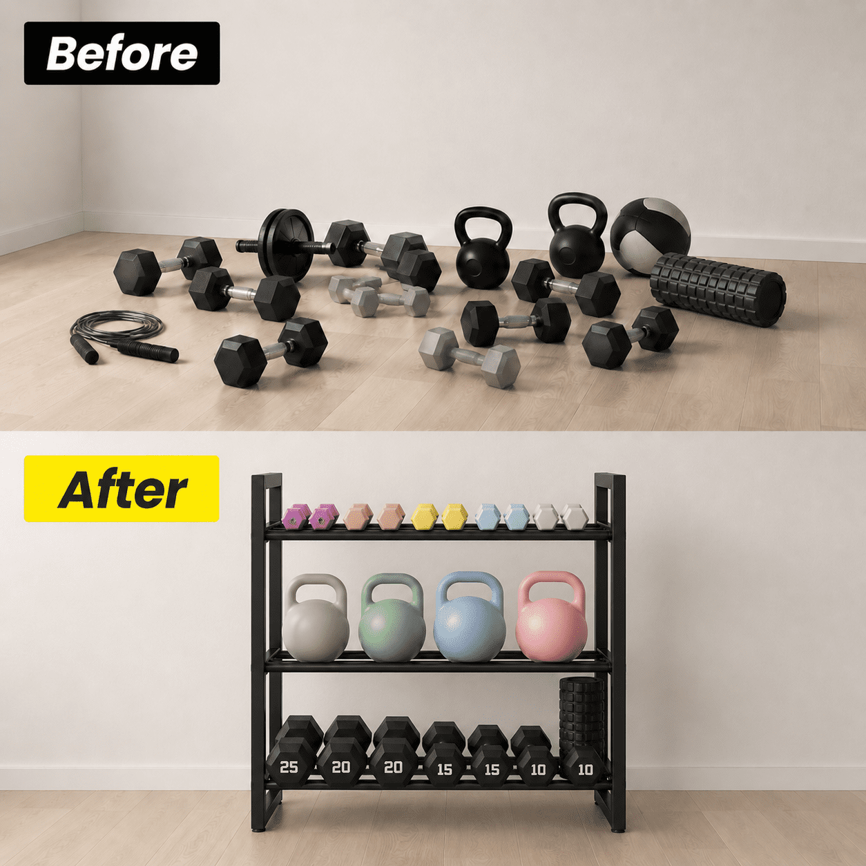 Three-tier dumbbell rack (frame only, dumbbells not included) Suitable for home gyms and compact training spaces Organises and stores dumbbells Maximum load capacity: 390 lbs