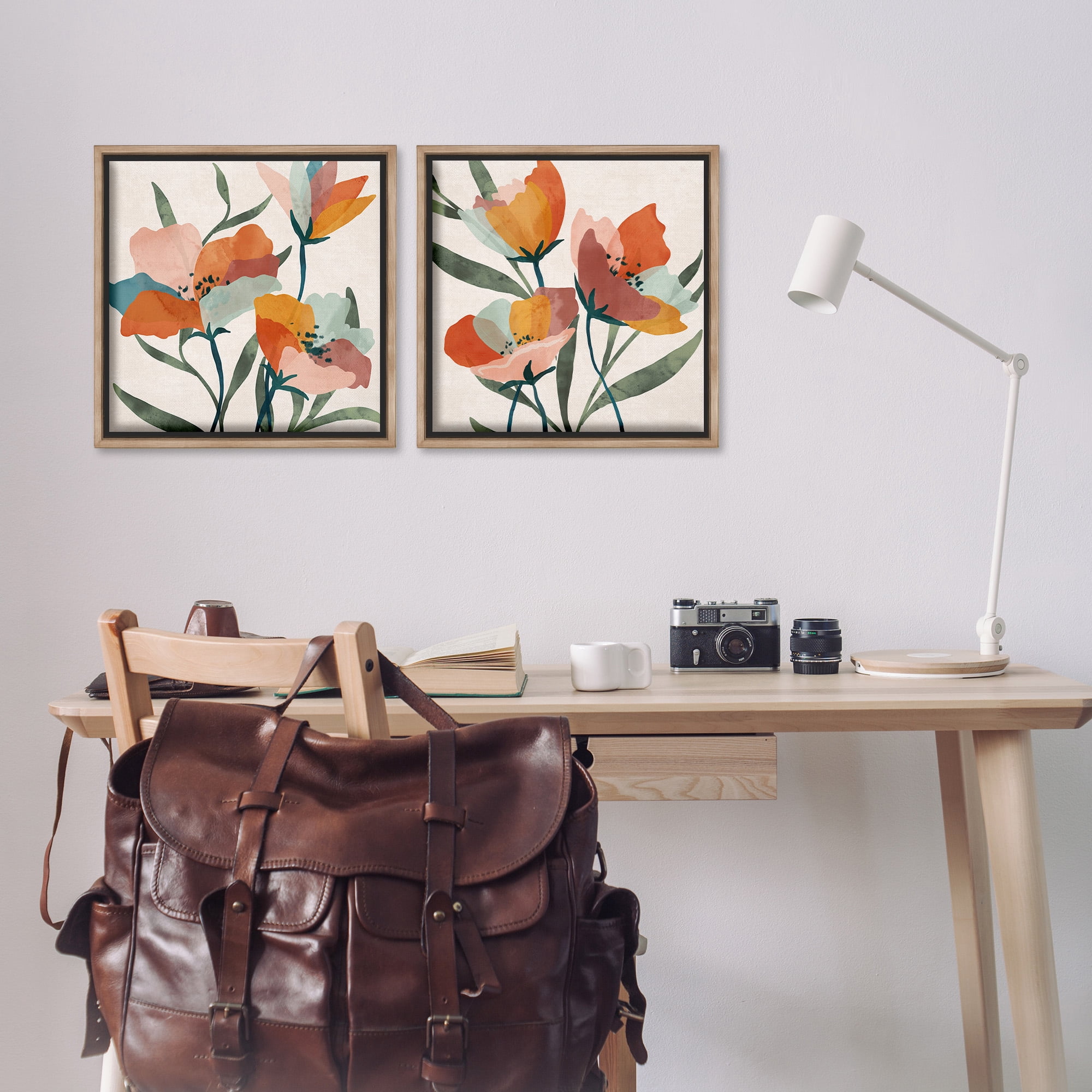 Stupell Industries Summer Bouquet Modern Abstract Botanical & Floral Painting Brown Floater Framed Canvas Art Print Wall Art, 18 x 18, Set of 2