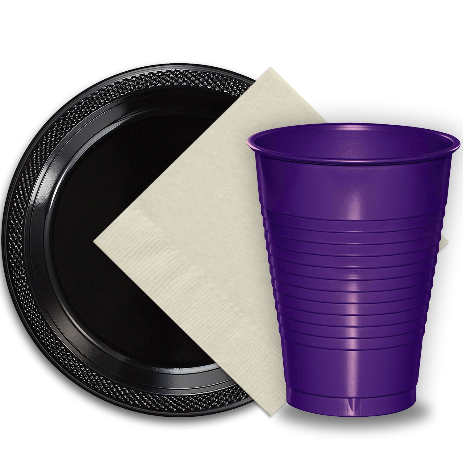 50 Black Plastic Plates (9"), 50 Purple Plastic Cups (12 oz.), and 50