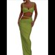 thumbnail image 1 of Conjunto de 2 Piezas para Mujer, Sexy, , de Verano, con Top Fruncido y Espalda Descubierta, y Falda con Aberturas, Vestido de Noche. Verde L, 1 of 8