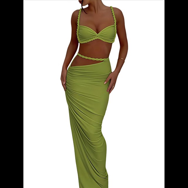 Conjunto de 2 Piezas para Mujer, Sexy, , de Verano, con Top Fruncido y Espalda Descubierta, y Falda con Aberturas, Vestido de Noche. Verde L