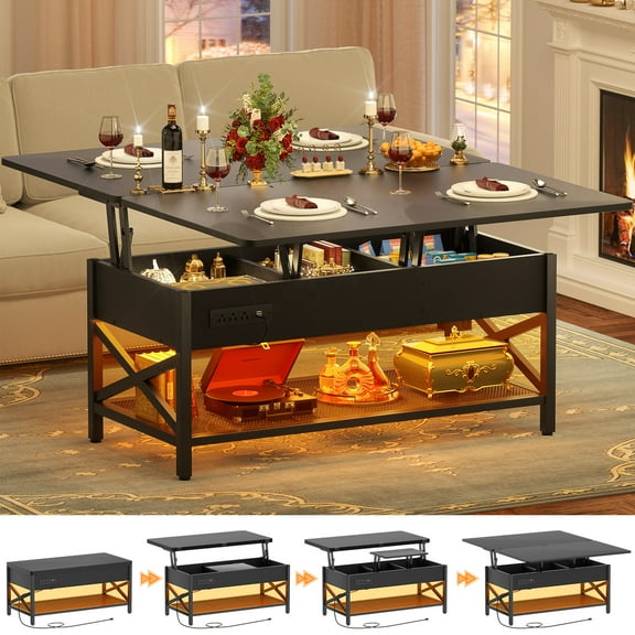 Homieasy Coffee Table Lift Top with LED Light and Power Outlet, Multi-Function Coffee Table Converts to Dining Table, Center Table with Shelves for Living Room Reception Home Office, Black