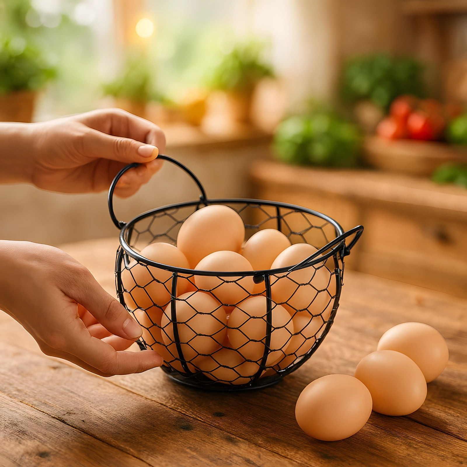 Small Black Iron Egg Basket, Farmhouse Style Countertop Holder with Ceramic Lid, Chicken Egg Storage for Kitchen, Rustic Home Decor, Keeps Up To 15 Eggs Fresh