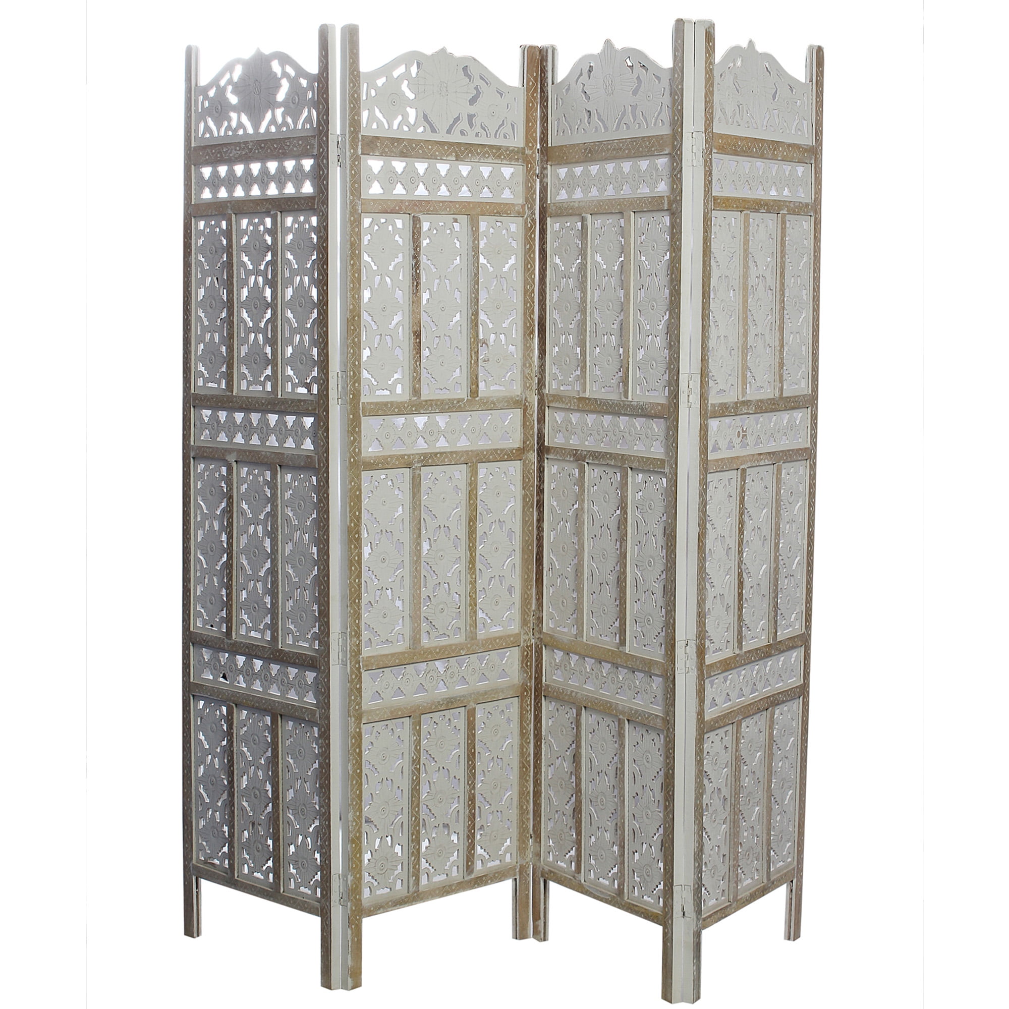 4 Panel Traditional Room Divider , White Wash