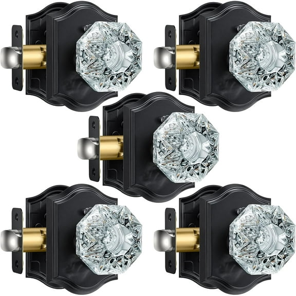 5 Pack Crystal Door Knobs, Glass Door Knobs Interior with Lock for Privacy Use, Black Vintage Glass Door Knobs for Bedroom Bathroom, Diamond