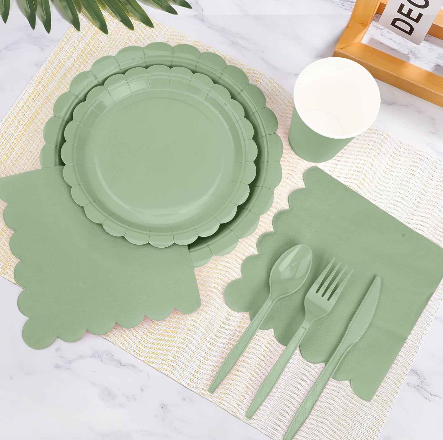 Inadays 175Pcs Disposable Party Supplies Includes Green Paper Plates Cup Napkins Forks Spoons Knives, Dinnerware Set for Garden Party Birthday BBQ Baby Shower Wedding, Serve 25 Guests