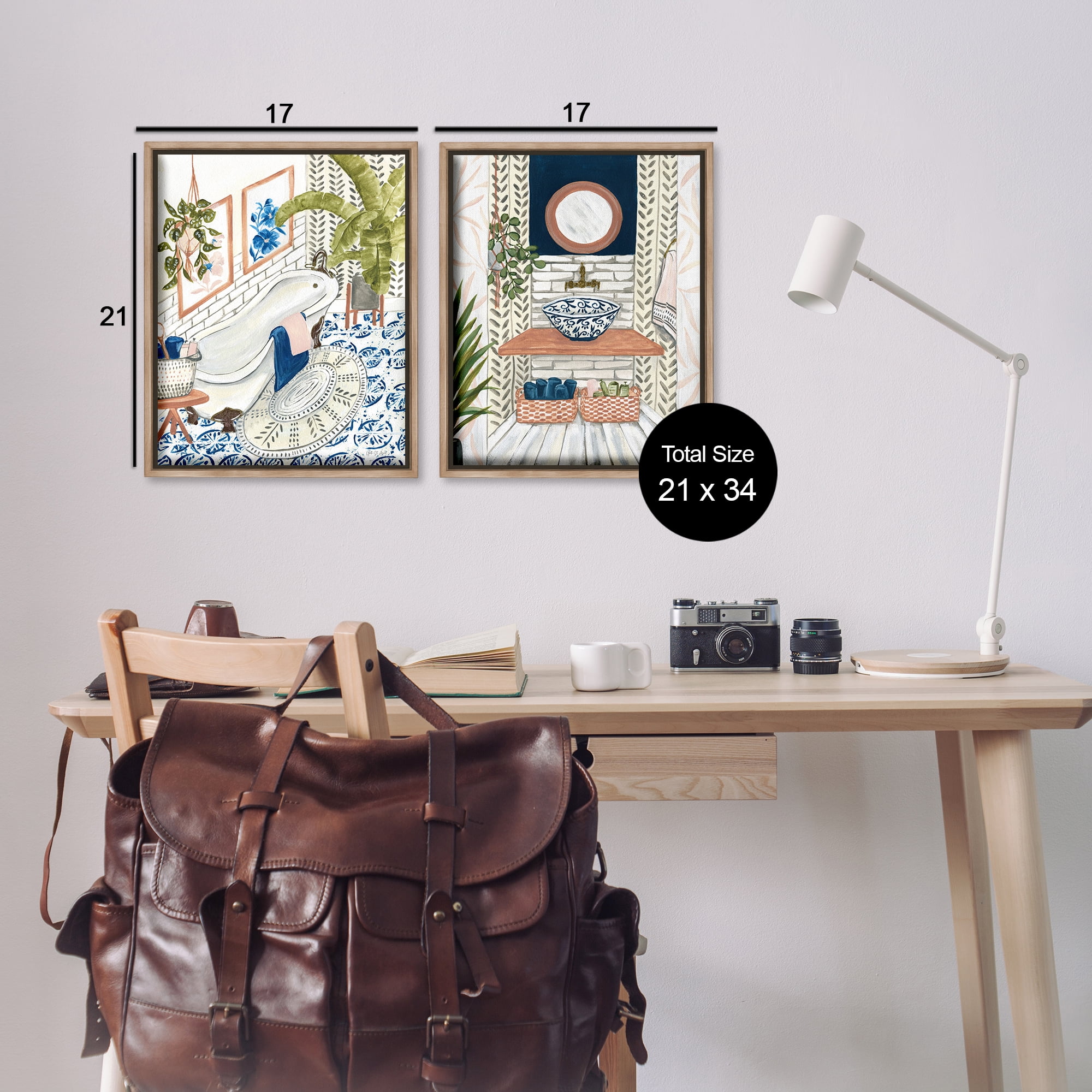 Stupell Industries Boho Chic Bathroom Bath & Laundry Painting Brown Floater Framed Canvas Art Print Wall Art, 17 x 21, Set of 2