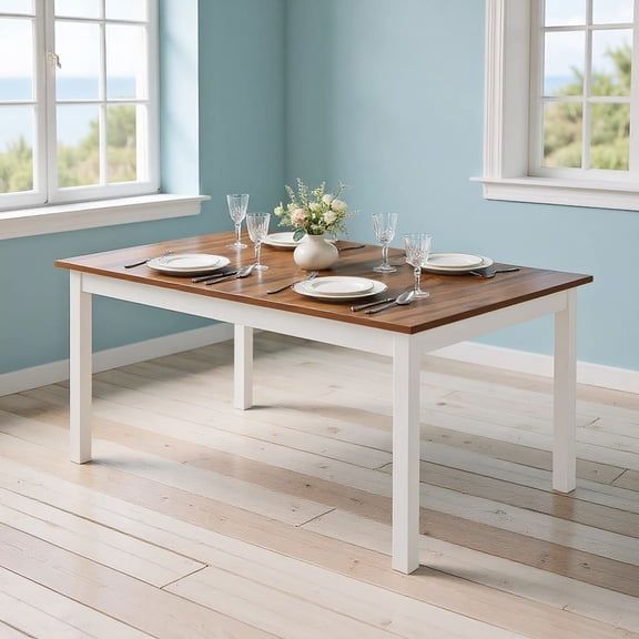Resenkos 60 Inch Rectangular Dining Table, Solid Rubber Wood Leg Dinner Table for Kitchen, Dining Room, Brown