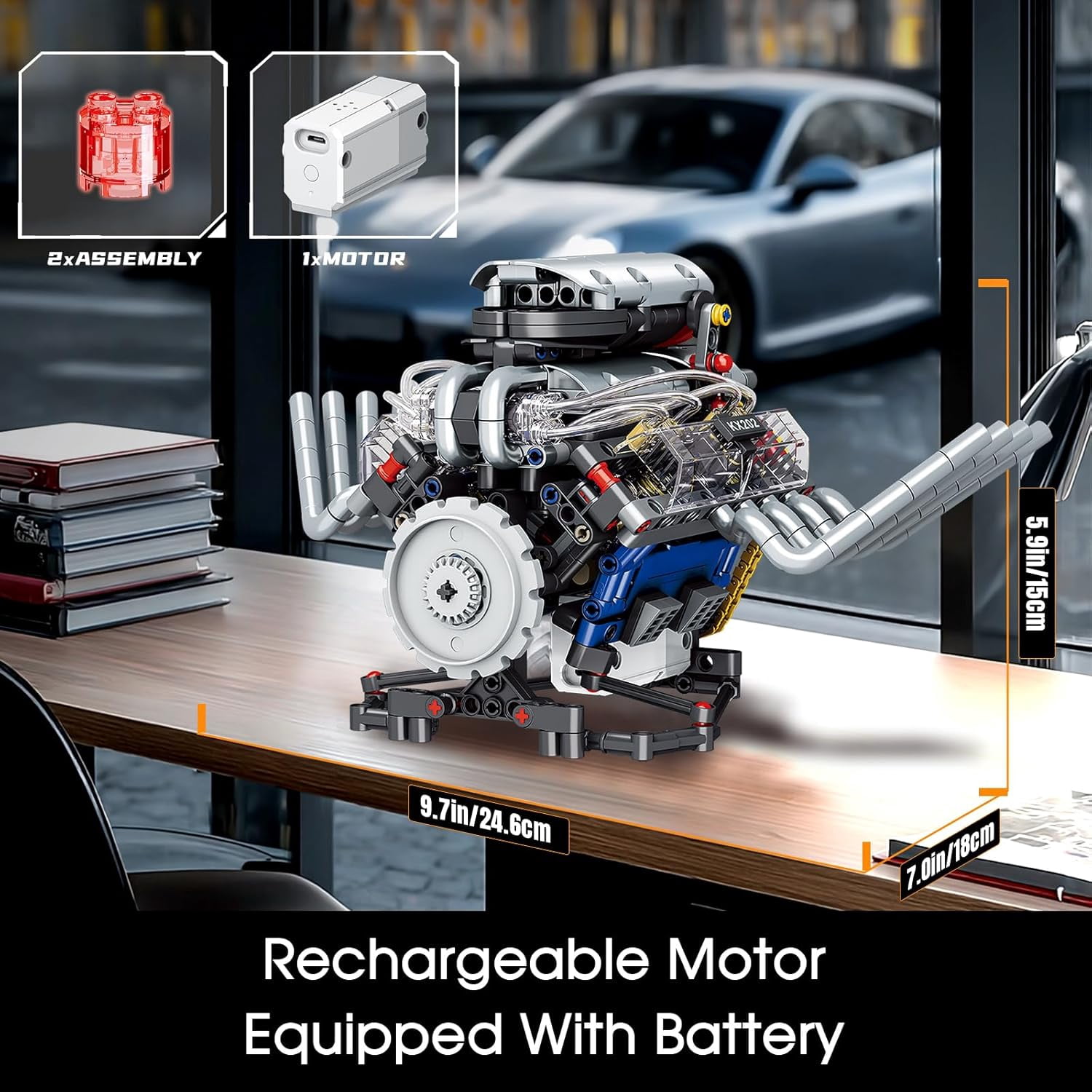 V8 Engine Model Kit That Works, APP Controlled Mini V8 Engine Building Block Set for Adults, Physical Science Experiment Toy with Rechargeable Motor, STEM Project