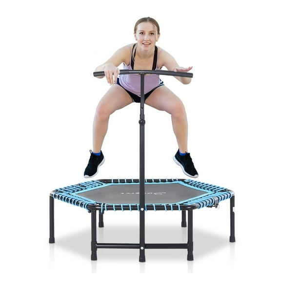 4.5ft Foldable Trampoline with T-Bar, Portable Fitness Trampoline for Adults, Heavy Duty Exercise Bouncer, Blue