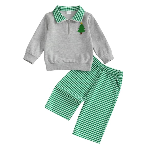 Quealent Toddler Baby Boys Christmas Outfits Long Sleeve Embroidery Sweatshirt Gingham Plaid Pants Two Piece Smocked Clothes (Light Green, 18-24 Months)