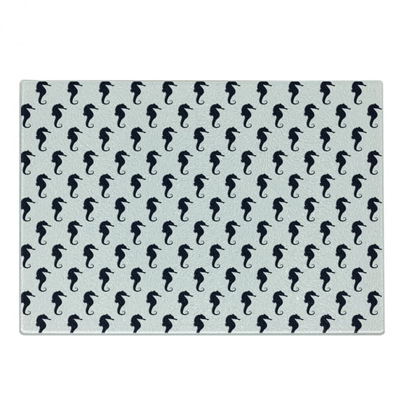 Geometric Cutting Board, Seahorse Silhouette Pattern Sea Creatures Theme Monochrome Aquatic Animals, Decorative Tempered Glass Cutting and Serving Board, Small Size, Dark Blue White, by Ambesonne